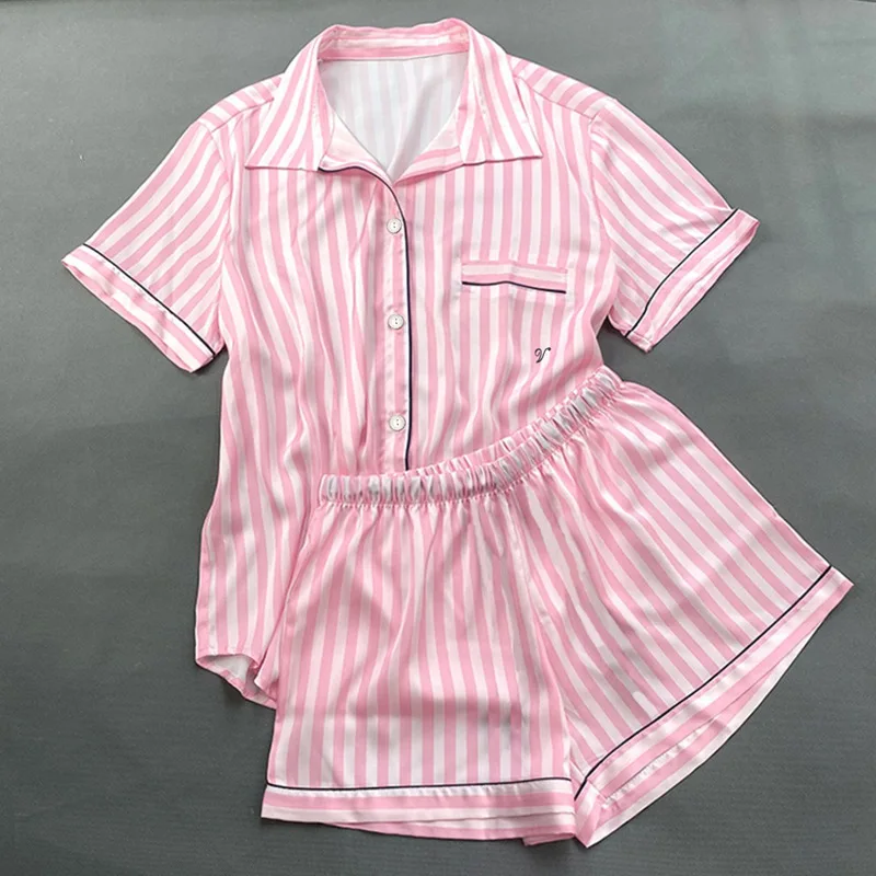Women Pajamas Set Women Pajama Suit 2 PCS Women's Pajamas Set Sleepwear Summer Short Sleeve Tops and Shorts Faux Silk Satin Soft Striped Printing