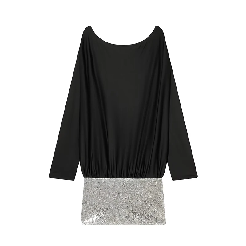 Women Fashion Sequin Splice Elegant Short Dress Spring New Long Sleeve Slash Neck Mini Dress Female Club Party Dresses