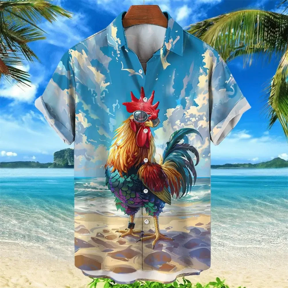 Hawaii Herren hemd Cartoon 3d Tier Huhn Druck Tops Sommer Mode Urlaub Kurzarm Hemden Revers Knopf Kleidung