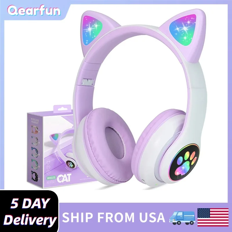 Cute Cat Headphones Bluetooth 5.0 Kids Wireless Headset Mic Led Light Headphones Ipad Laptop Girl Birthday Gift