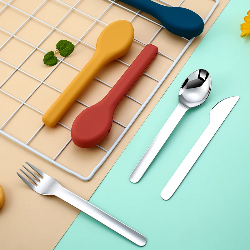 304 Stainless Steel Camping Picnic Portable Tableware Set Travel Cutlery Silicone Case Reusable Portable Case