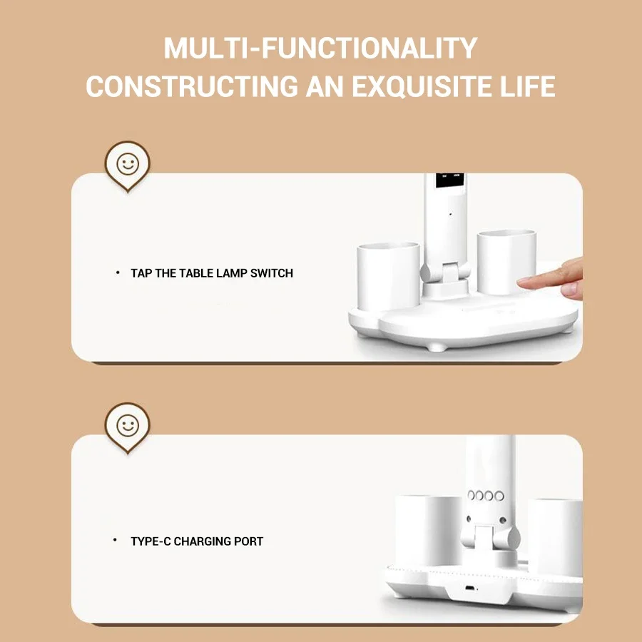 LED Table Lamp Double-Headed USB Chargeable Dimmable Desk Lamp with Calendar Clock Foldable Eye Protection Reading Night Light