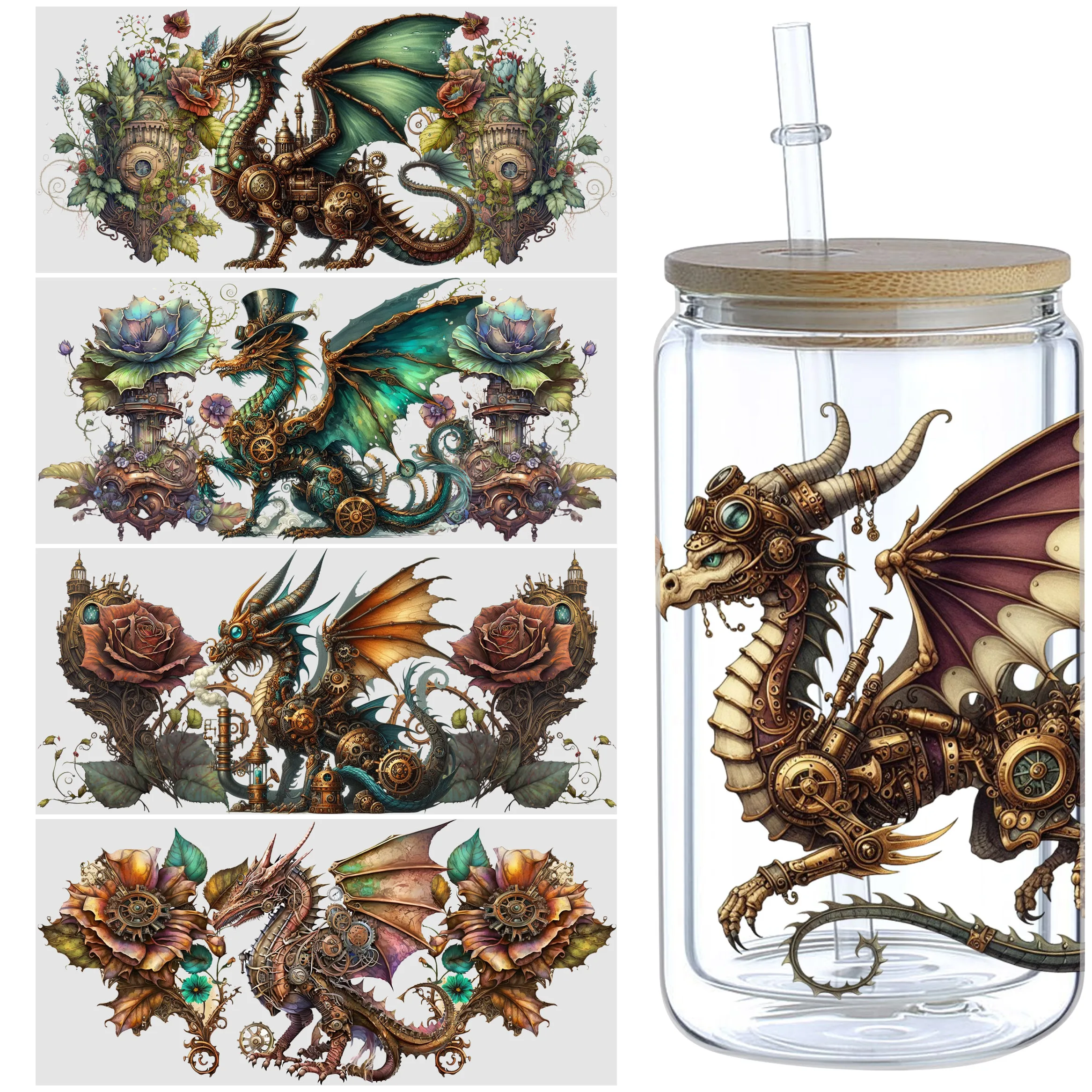 Steampunk Dragon Pattern UV DTF Cup Stickers 5sheets Waterproof Sticker Pack For Decorating Mugs Cups Bottles School Supplies