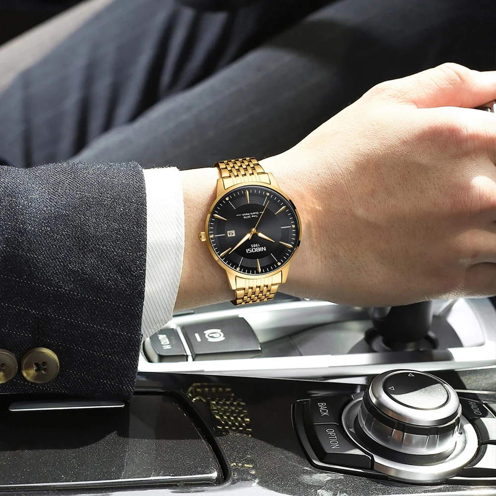 NIBOSI Mens Watches Top Brand Luxury Gold Black Quartz Watch for Men Stainless Steel Waterproof Date Business Men Wristwatches