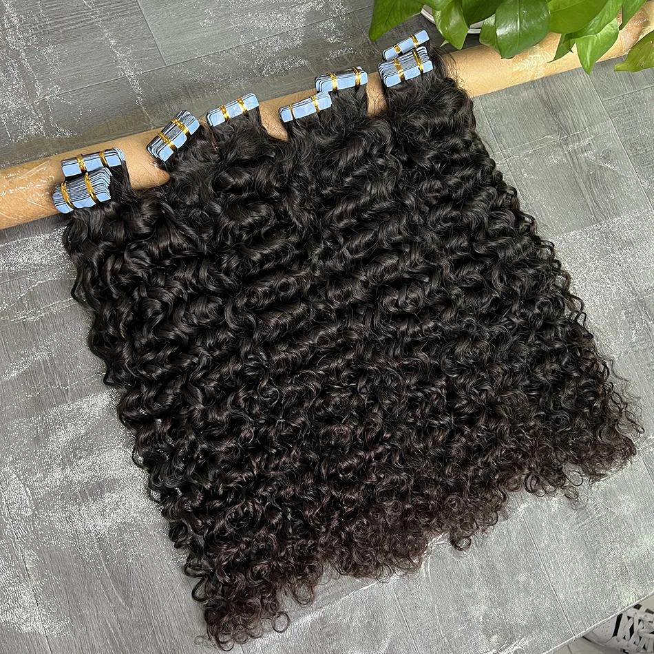 PU Tape In Hair Extensions Deep Curly Human Hair 4x0.8 cm Seamless Weft Hand Tied Adhesives Tape-Ins 100grams Wavy Virgin Hair 6