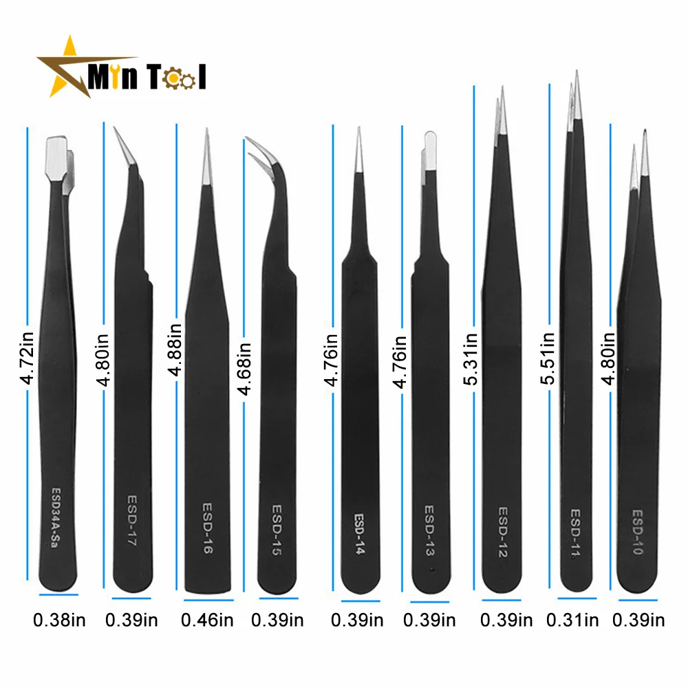 

9pcs/set Anti-static ESD Stainless Steel Tweezer Maintenance Tool Industrial Precision Curved Straight Tweezers Repair Hand Tool