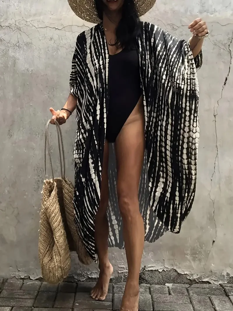 Stylish Tie Dye Open Front Long Kimono Swimsuit Cover up for Women 4