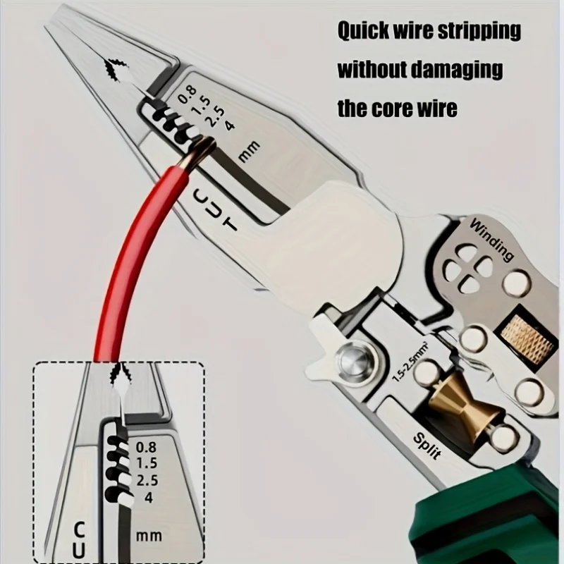 9-in-1 Multifunktionale Abisolierzange mit Spannungsprüfer, Drahtabisolierer/-schneider/-crimper Werkzeug für Elektroarbeiten – Detail 9