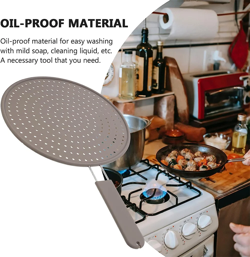 Silicone Kitchen Splatter Screen with Handle Heat-resisting Oil Splash Guard Drain Board Cover Kitchen Frying Pan Lid