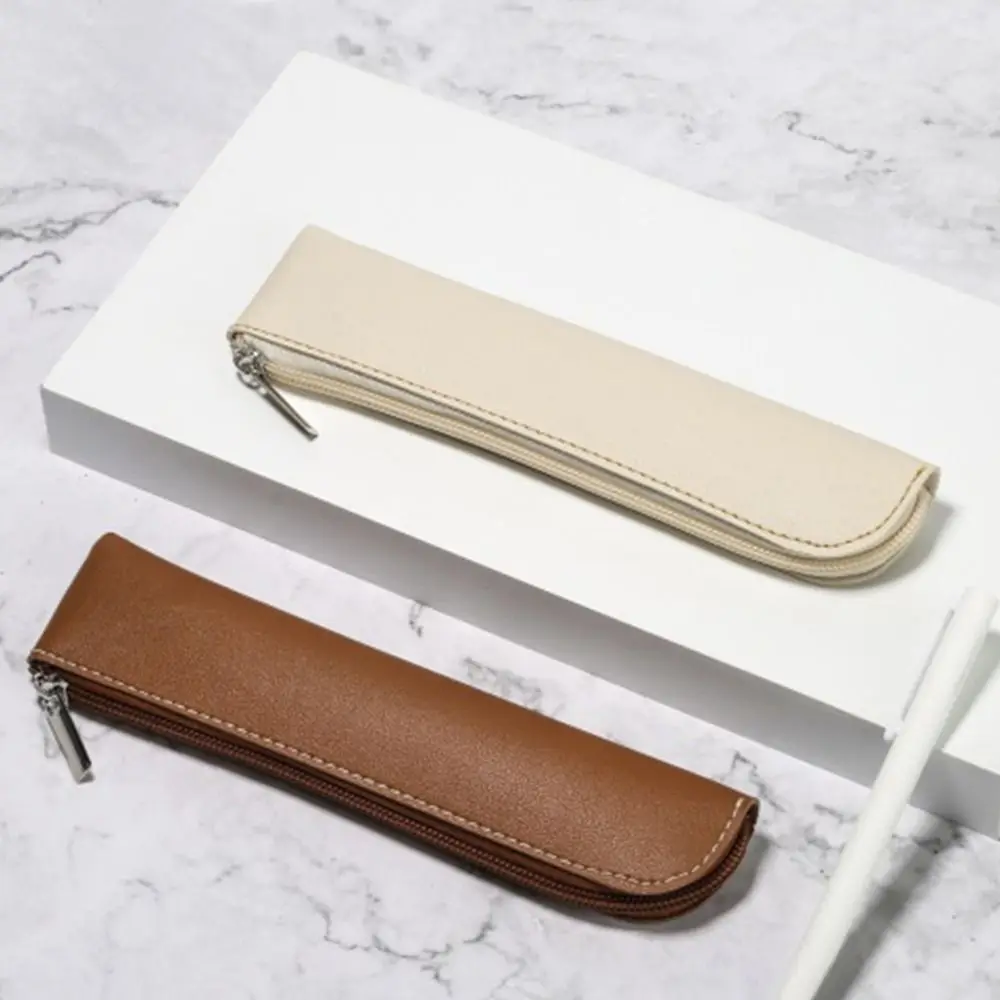PU Leather Pen Pouch Solid Color PU Pencil Bags Large Capacity Pen Bags Holder Zipper Pencil Case Lightweight Office Supply