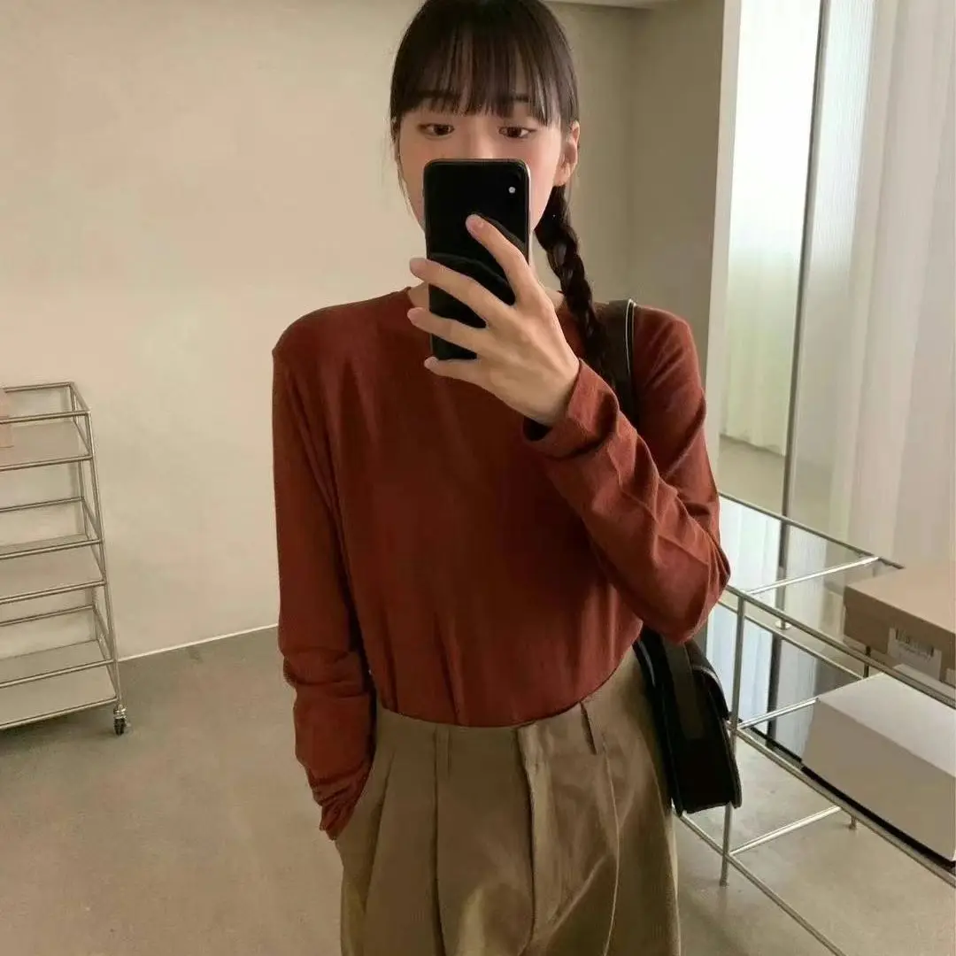 

Lazy Style Women's Slim Fit All-Match Bottoming Shirt Sweet Girls Long Sleeves T Shirt Causal O Neck Office Lady Pullover