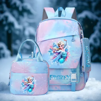 3 PC Frozen School Backpack Set with Mini Bag, Pastel Blue/Lavender Snowflake Design Adjustable Strap School bag for kids 1