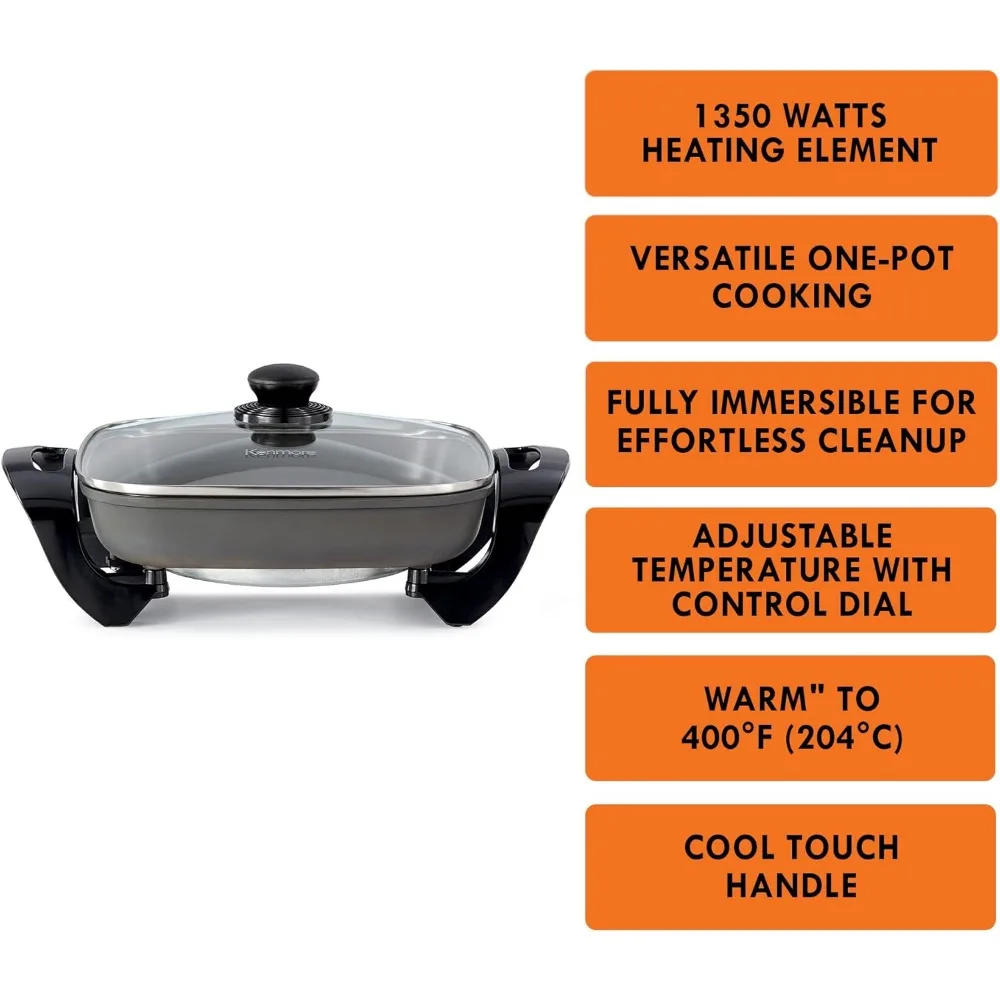 Non-Stick Electric Skillet with Tempered Glass Lid,Black and Grey,Deep-Dish Frying Pan,12"x12" Cooking Surface,One-Pot Cooking 4