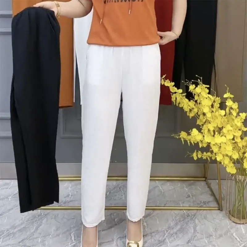 

Basic Summer Casual Haren Cropped Pants Women's Clothing 2023 Solid Color Elastic Patchwork Pockets Commute High Waist Trousers