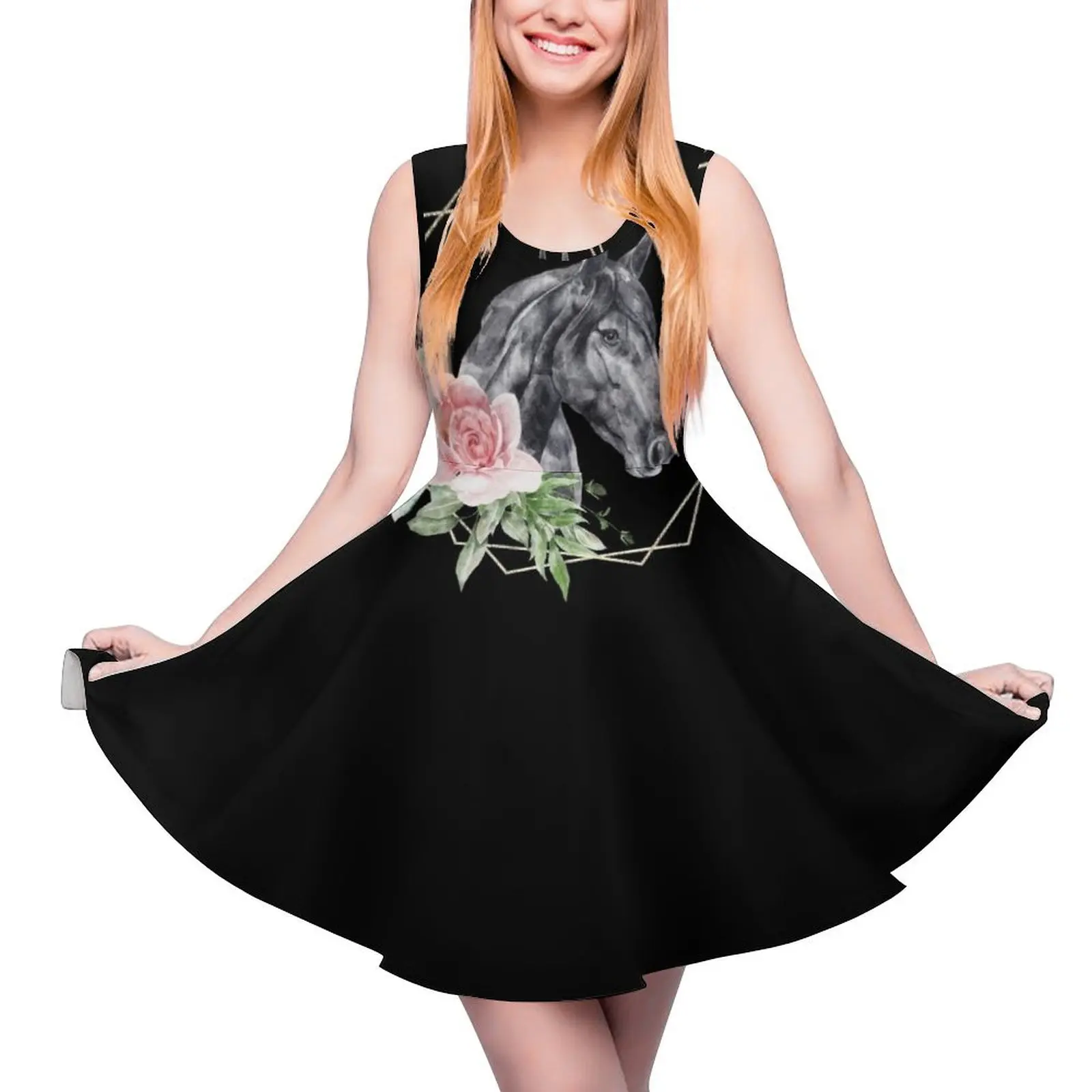 

Watercolor horse with floral frame Round Neck Dress luxury dress elegant dress dresses women summer 2024