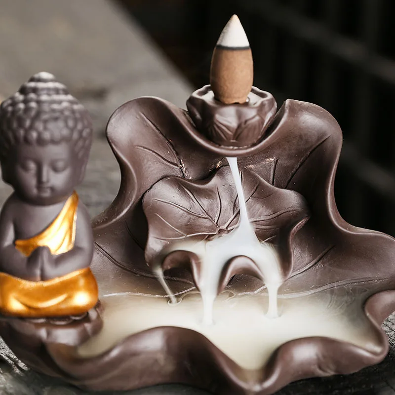 1pc The Buddha Ceramic Handicrafts Lotus for Home Ornaments Backflow Incense Burner Handmade Purple Clay Holder Without Incense