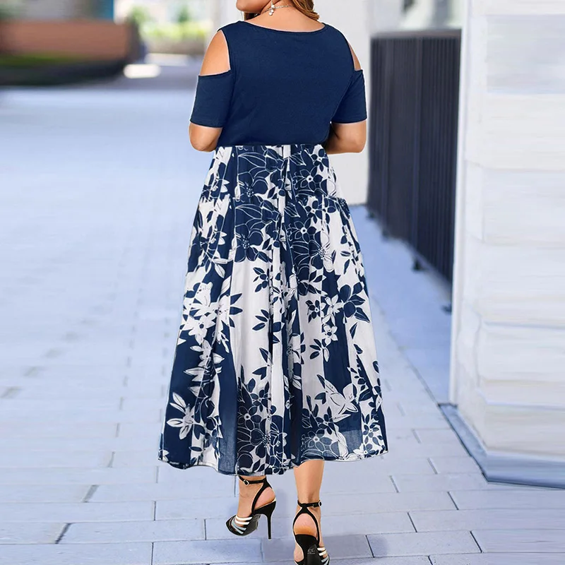 Elegant O-Neck Solid Off Shoulder Hollow Out Short Sleeve Women Casual Printing Patchwork Elastic Waist Plus Size Midi Dress