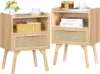 Rattan Nightstands Set of 2, Boho Side Table with Drawer Open Shelf, Cane Accent Bedside End Table with Solid Wood Legs 1