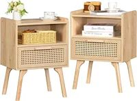 Rattan Nightstands Set of 2, Boho Side Table with Drawer Open Shelf, Cane Accent Bedside End Table with Solid Wood Legs 1