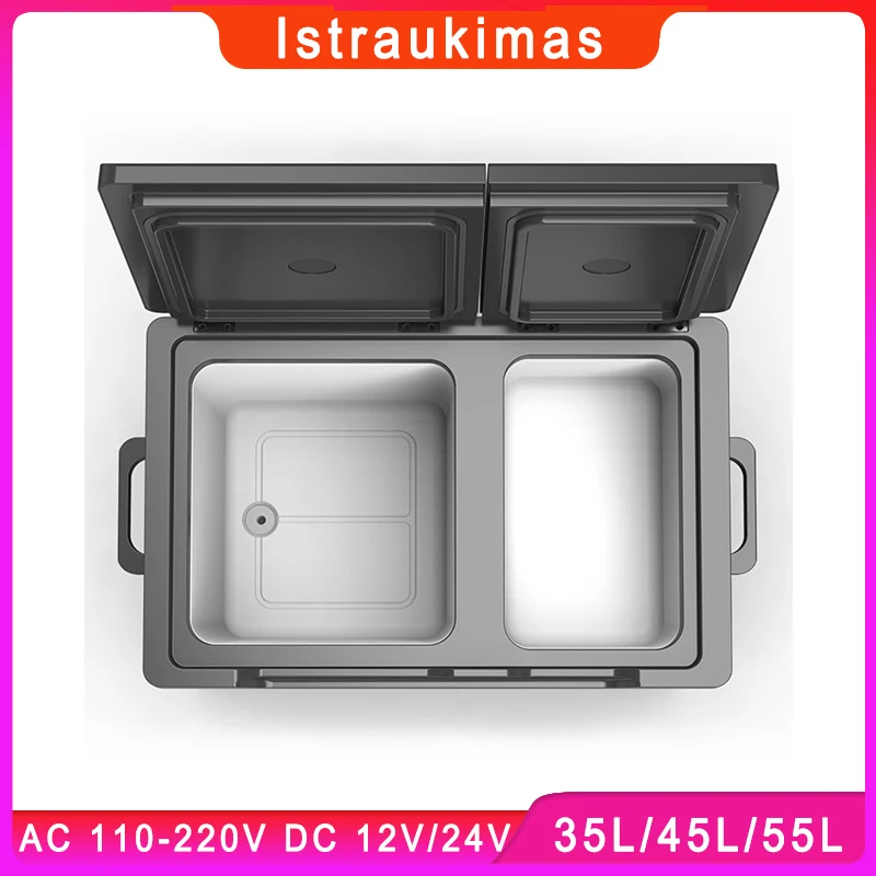 小型の車用のミニ電気冷蔵庫,12V/24V/110-220V,二重温度制御付き,高速