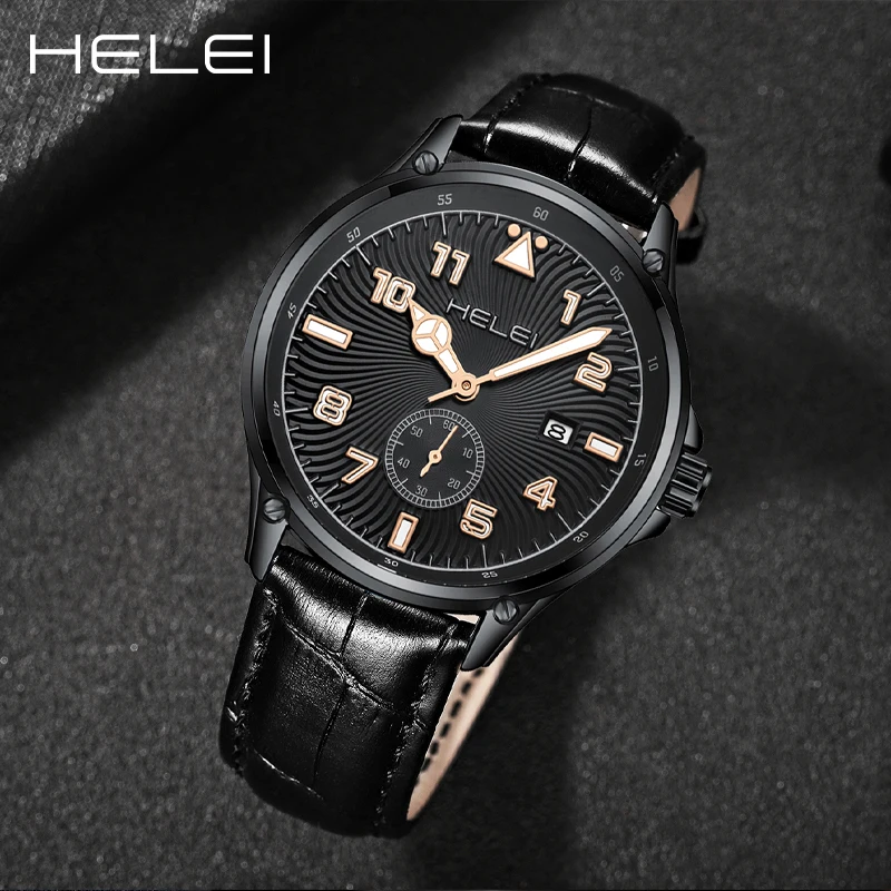 HELEI Classic Men's Watches Fashion Creative Large Dial Men's Quartz Watches Leather Strap Sport Quartz Wristwatch
