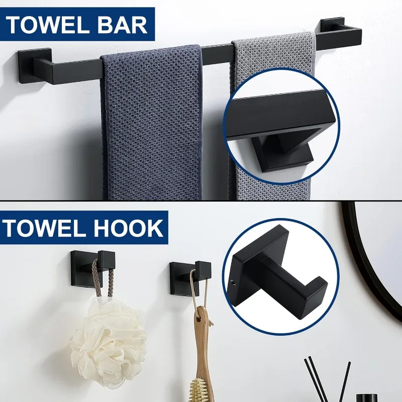 5 Pieces Bathroom Hardware Accessories Set Matte Black,24Inch Towel Racks for Bathroom,Bathroom Towel Rack Set Stainless Steel