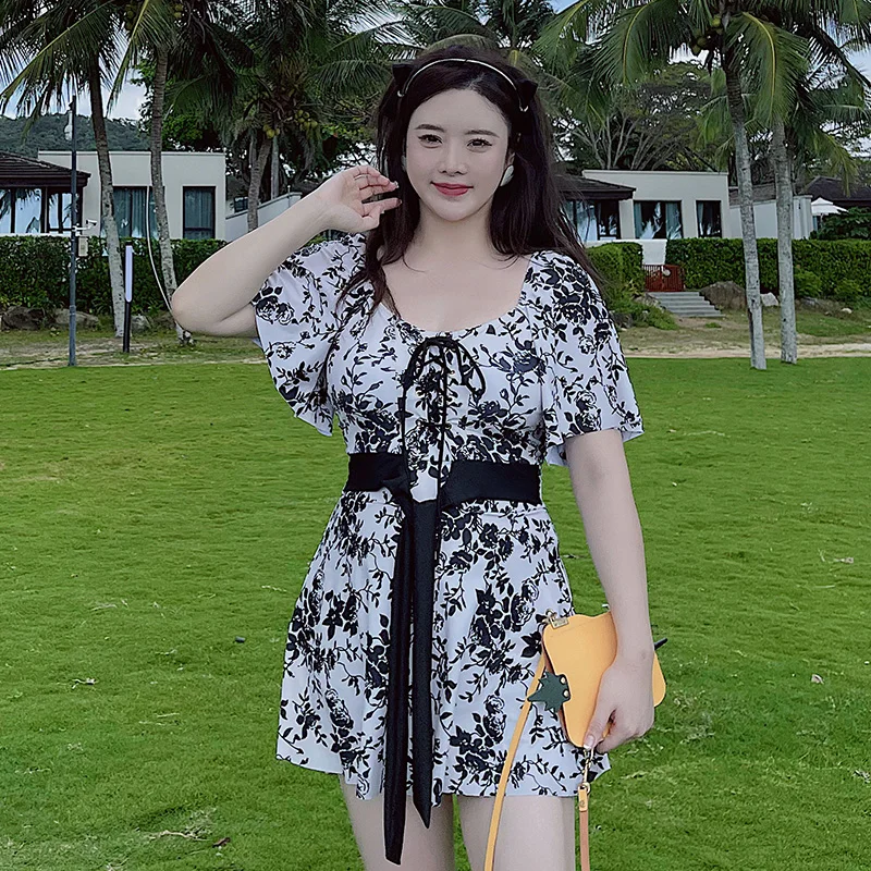 

Retro Flower Printed Swimsuit Women One Piece Square Neck Bat Sleeves Bow Belt Swimwear Summer Dress Slim A-line Skirt Beachwear