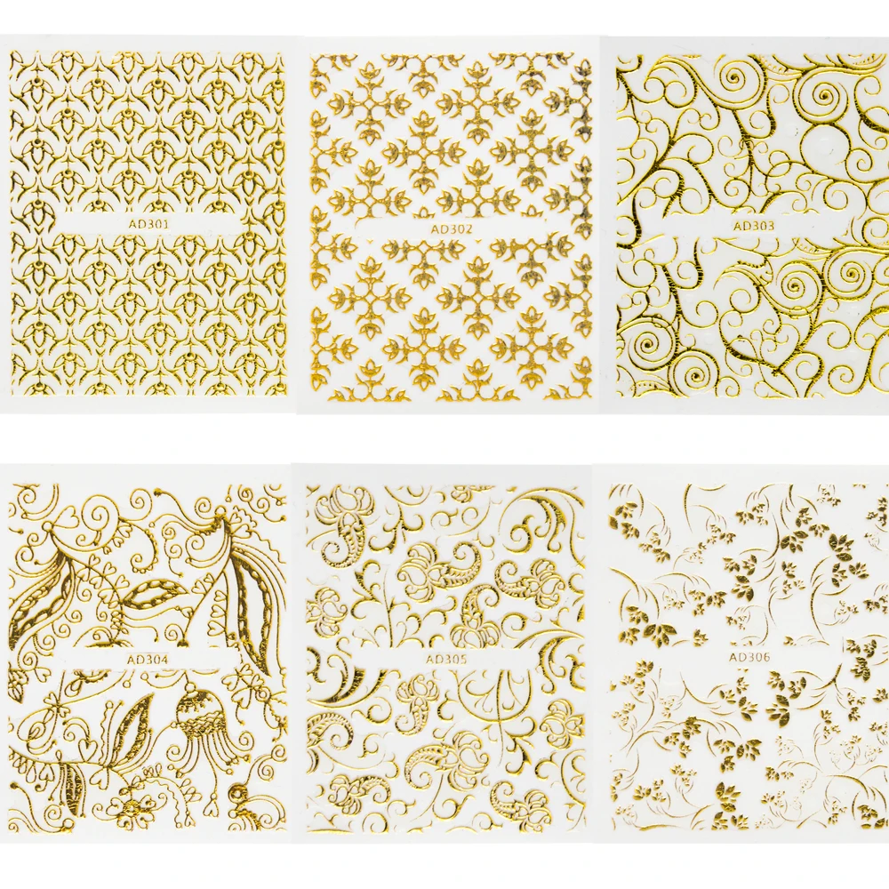 Nail Stickers 20Sheets Gold 3d Nail Art Stickers Hollow Decals Mixed Designs Adhesive Flower Nail Tips Decorations Salon Accessory LAAD301-326