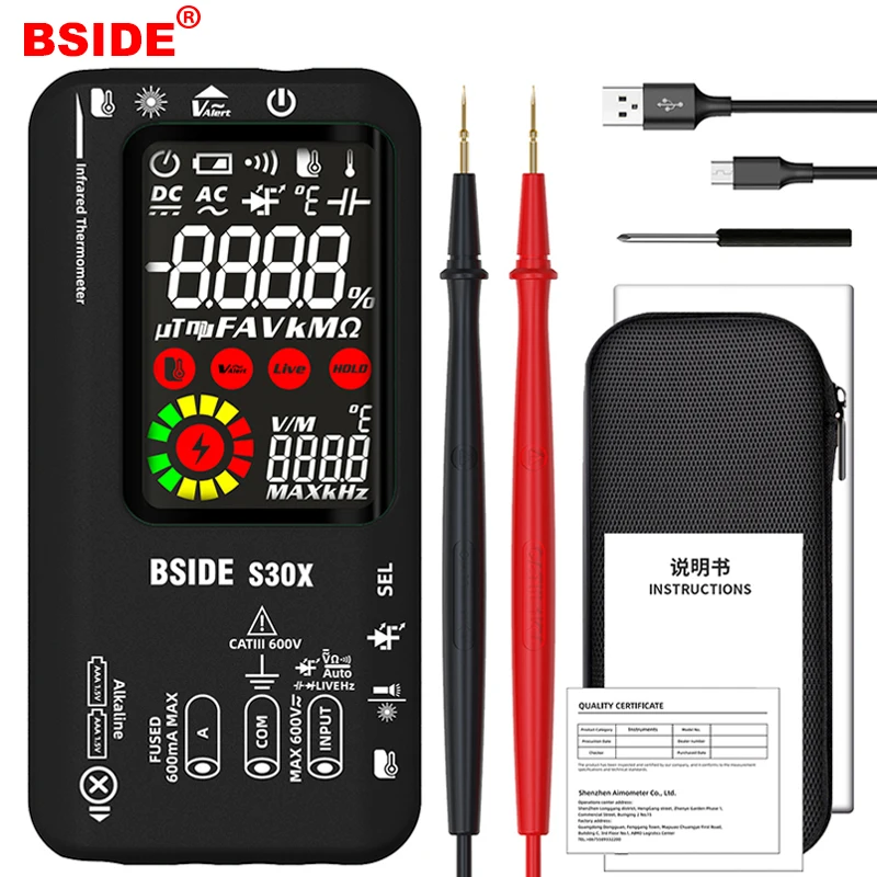 BSIDE S30X Charge Auto Range Digital Multimeter Professional Electrician Tool 9999 AC DC Voltage Current 15V Diode Temp Tester digital multimeter