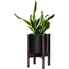 Planter Pot with Stand - 8 Inch Plastic Cylinder Flower Pot with Wood Planter Holder for Indoor, Matte Black Pot + 1