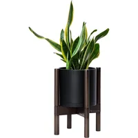 Planter Pot with Stand - 8 Inch Plastic Cylinder Flower Pot with Wood Planter Holder for Indoor, Matte Black Pot + 1