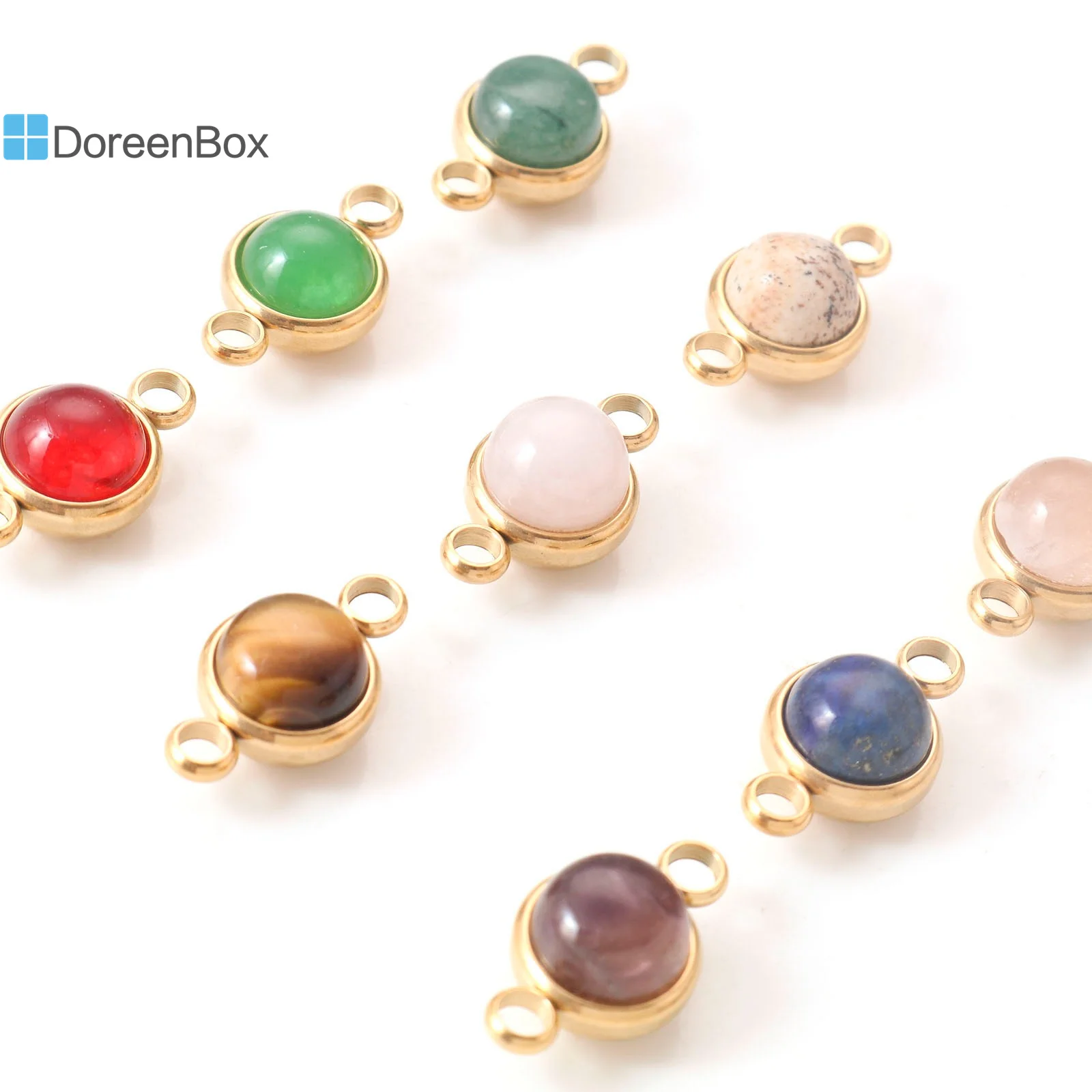 

304 Stainless Steel Natural Stone Connectors Charms Gold Color Multicolor Round Connectors for DIY Bracelet Earring 18mm x 10mm