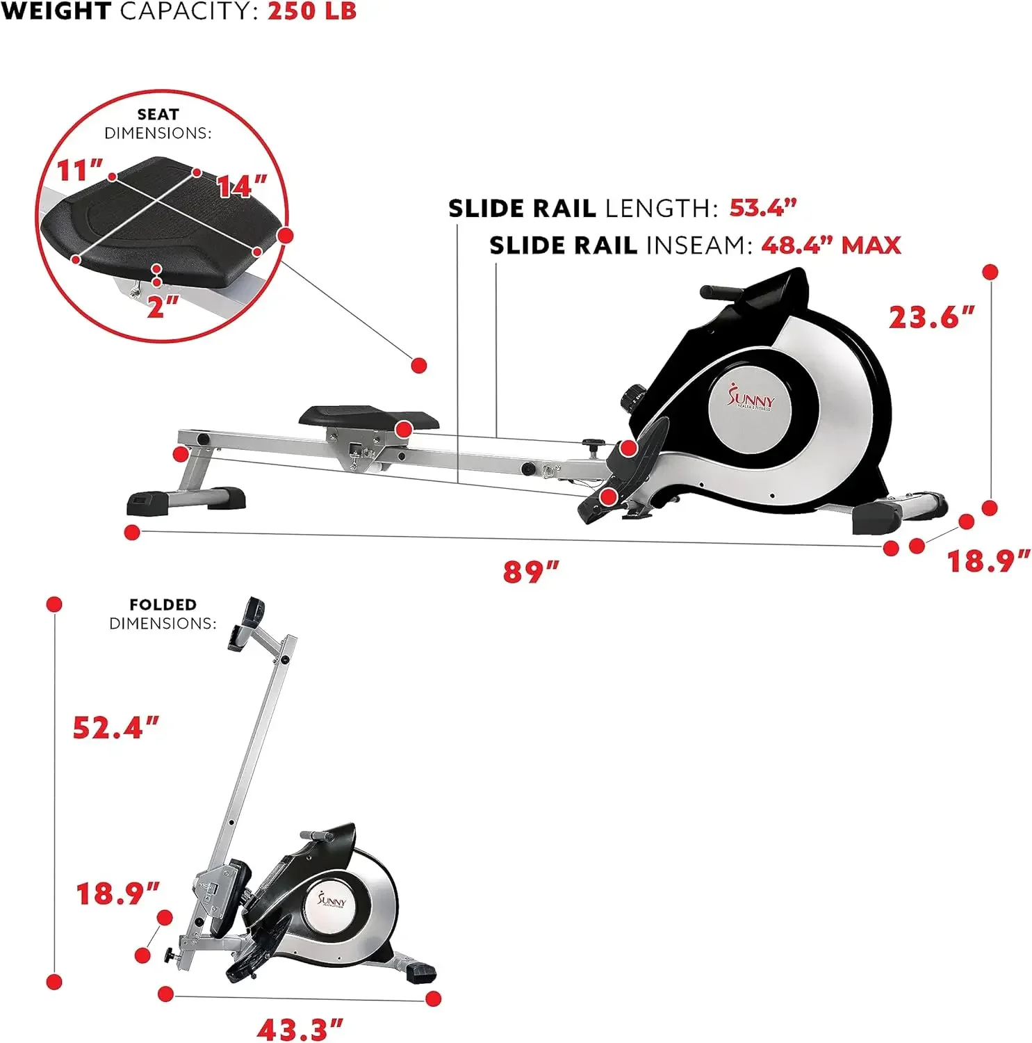 Fitness Magnetic Rowing Machine with 53.4" Extended Slide Rail, Full-Body Workout, Low-Impact, Ergonomic Full Mot