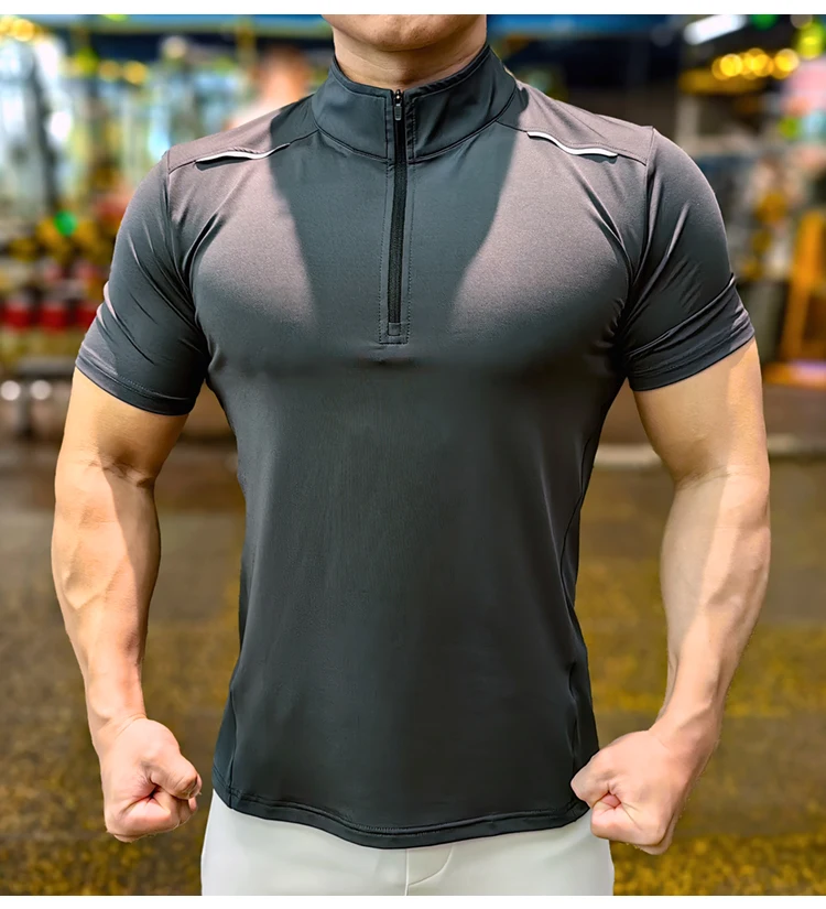 Men Running Short Sleeve T-shirt Outdoor Fitness Muscle Fit Shirt for Male Gym Jogging Sports Tops Tennis Elastic Breathable Tee