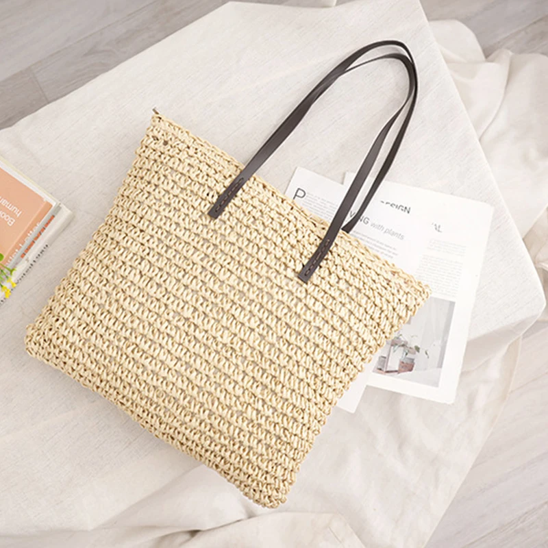 Straw Woven Beach Shoulder Bag Vintage Handmade Knitted Handbag Purse Rattan Clutch Bohemian Summer Travel Casual Shopping Totes