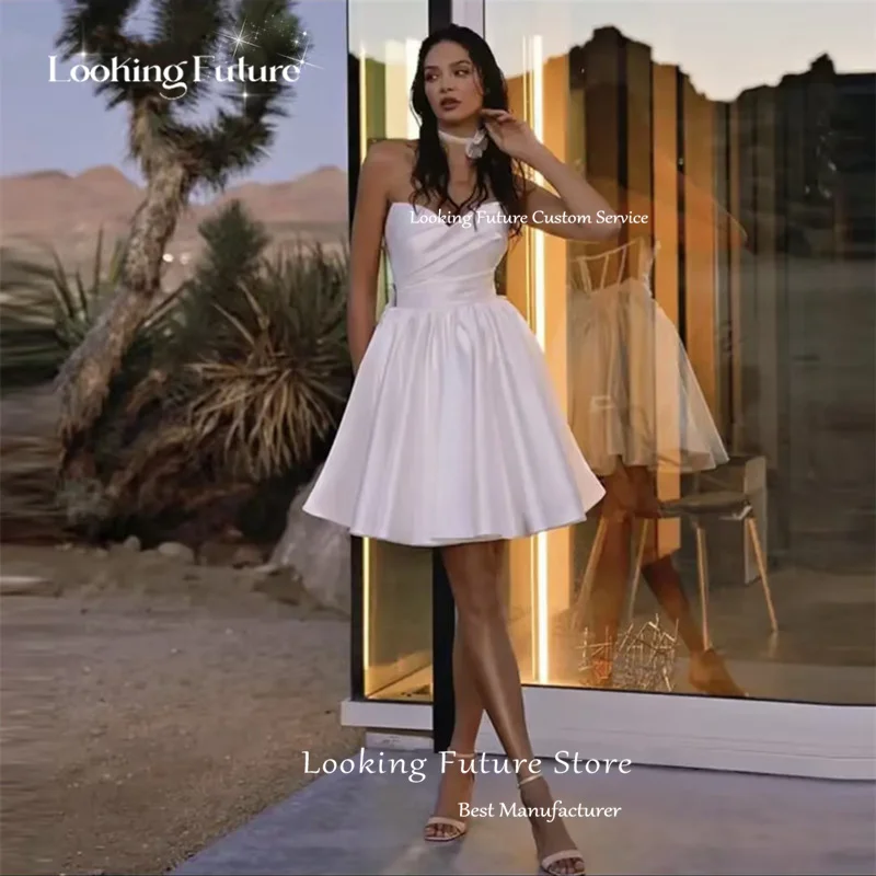 Boho A-Line Mini Satin Sweetheart Wedding Dress Simple Sleeveless Pleat Sexy Open Back With Button Short Bridal Cowns Customized 11 Sfa1c7a86d41e4f7bb57b9189b1f4b096J