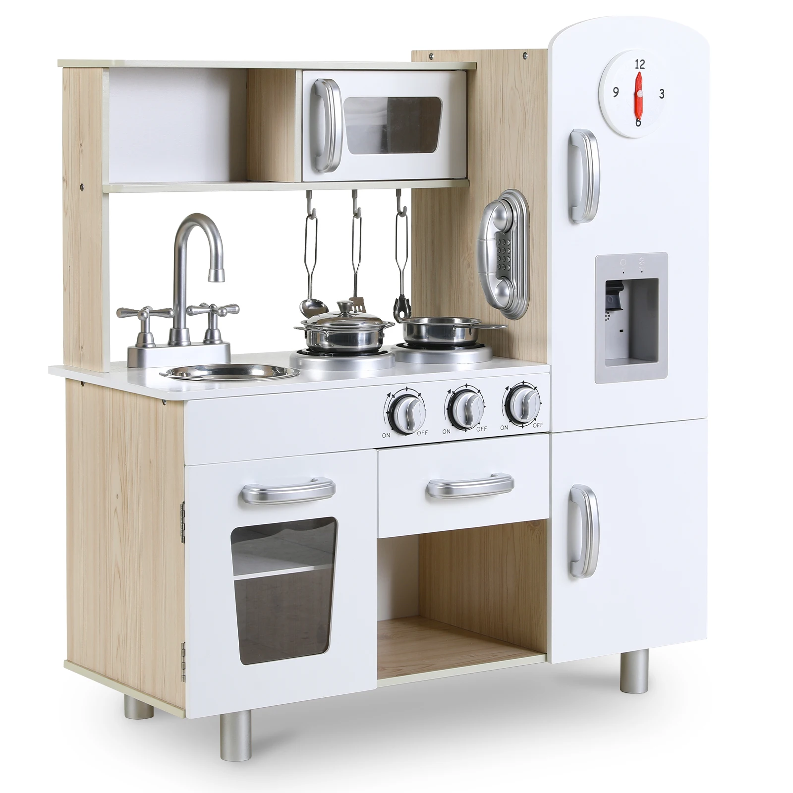 Kids Kitchen Playset, Preschool Cooking Kitchen, Toddler Wooden Pretend Play Toy w/Fridge, Stove, Cookware Utensil 2