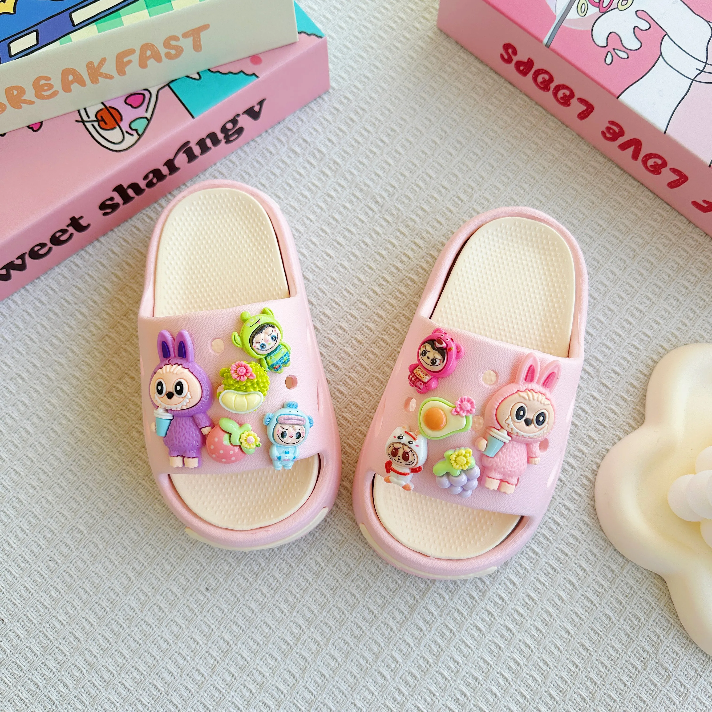 Cartoon Fruit Labubu Eva Slippers for Boys and Girls Fashionable Double Soft-Soled Non-Slip Sandals kids slippers kids sandals