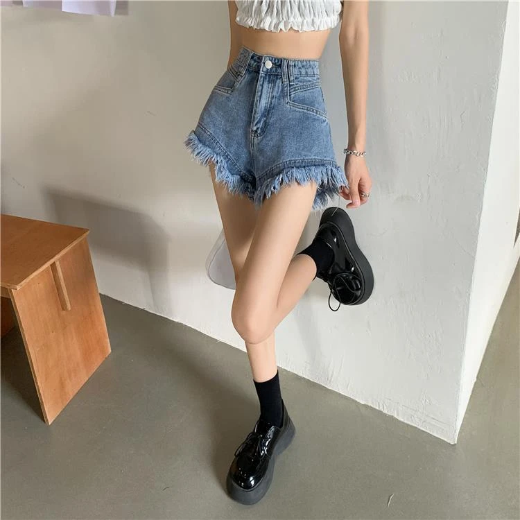 dolphin shorts 2022 High Waist Denim Shorts Women's Summer New Design Loose Wide Leg A-shaped Tassel Short Jeans Feminino short shorts