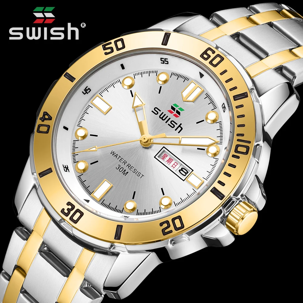 2023 Fashion Mens Sports Watches Luxury Stainless Steel Quartz Wrist Watch Dual Calendar Silver Gold Man Clock Relogio Masculino