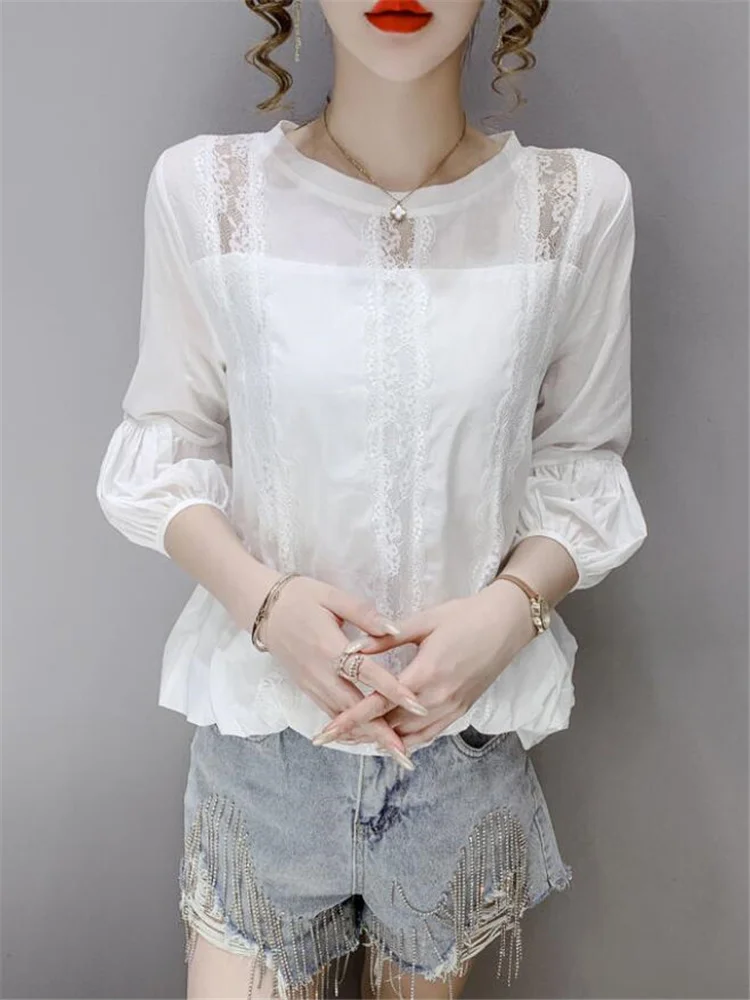 

Модные женские блузки с рукавами-фонариками, кружевная шифоновая рубашка с коротким рукавом, ажурный тонкий летний пуловер, топ, белые женские блузки