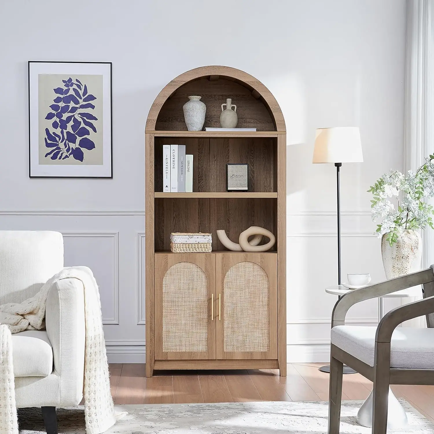 Arched Cabinet Bookshelf Bookcase - 69.3” Tall Mid Century Arched Display Cabinet, Rounded Bookshelf with Rattan Doors, Open