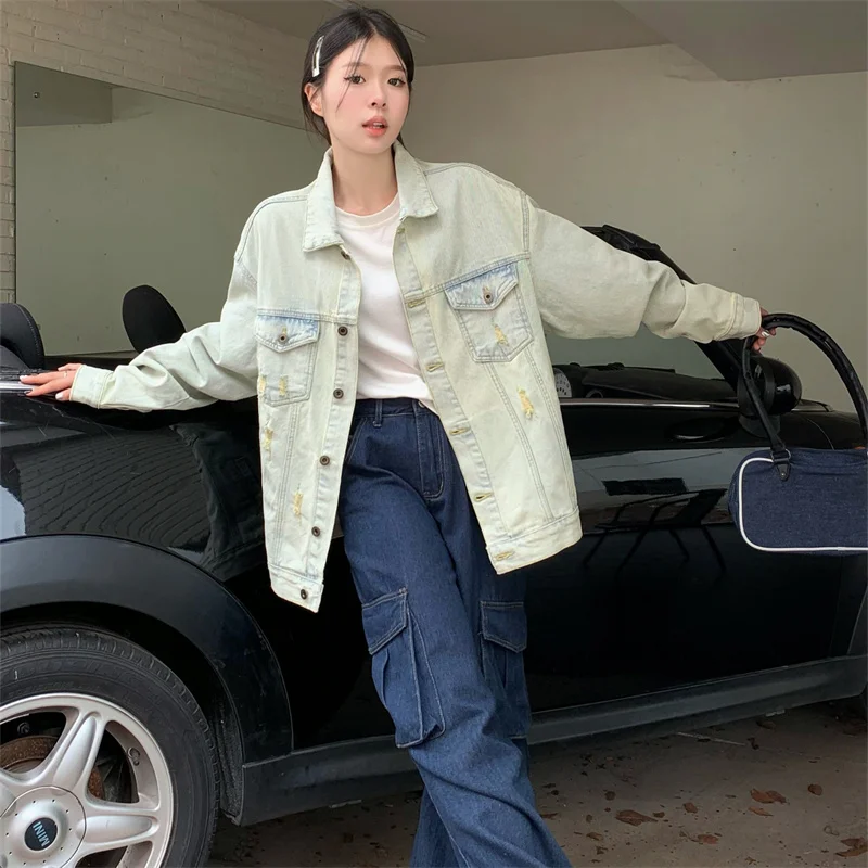 

2023 New Spring And Autumn Cowboy Coat Woman Large Size Retro Washing Easy Temperament Long Jacket Free Shipping