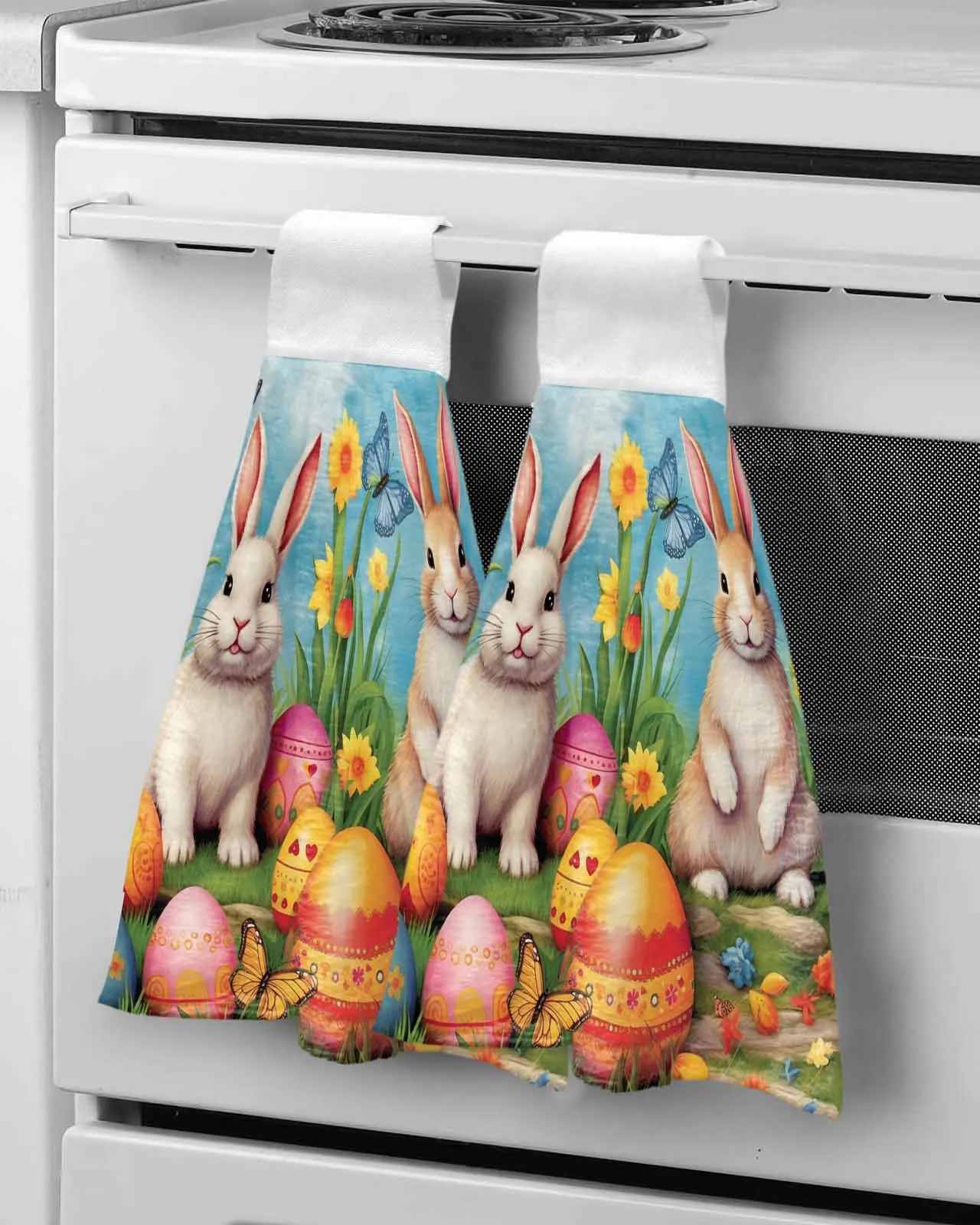 

Easter Eggs Bunny Watercolor Flowers Hand Towels Kitchen Bathroom Hanging Cloth Quick Dry Soft Absorbent Microfiber Towels