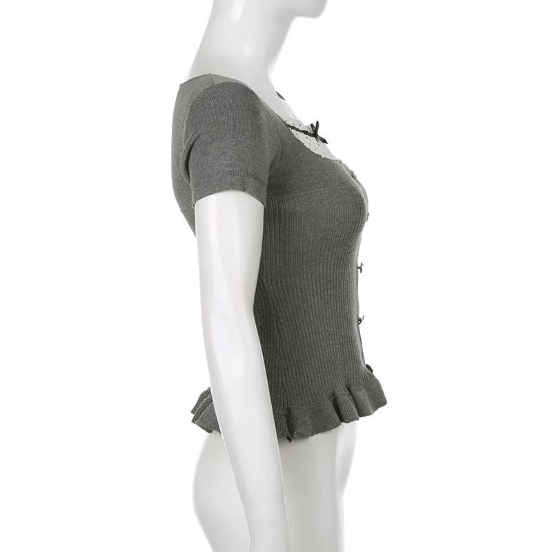 Camiseta elegante para mujer, con retazos de encaje, cuello cuadrado, de punto, dobladillo con volantes, Y2K, color gris