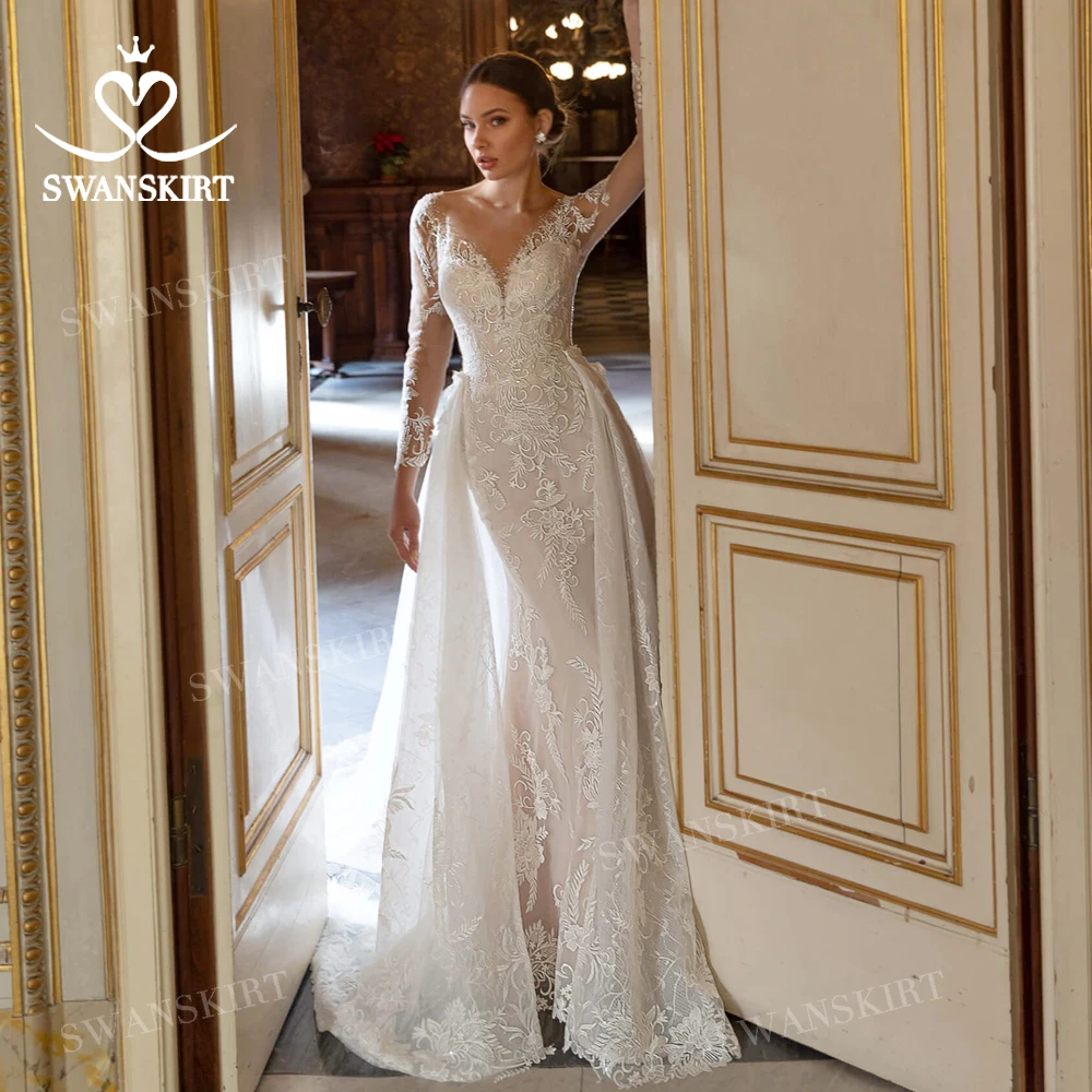 SwanSarah Wedding Dress Long Sleeve Detachable Train Sweetheart Appliques Mermaid Bride Gown customized N384 Vestido De Novia 2