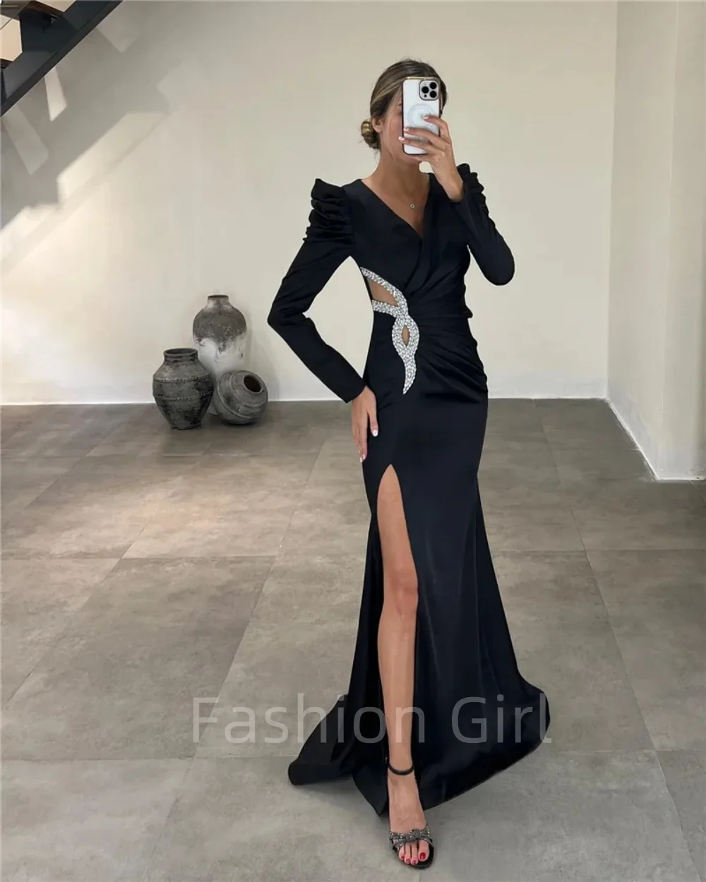 

Modern Beading Mermaid Evening Dresses Long Sleeve Side Split Floor Length Saudi Arabic Prom Gowns Pleats Occasion Dresses 2024