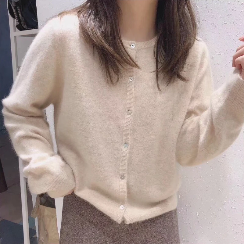 2026 Korean Knitted Cardigan Women's Autumn Winter Fashion O-Neck Versatile Slimming Basis Sweater Long Sleeve Vintage Y2k Tops 2