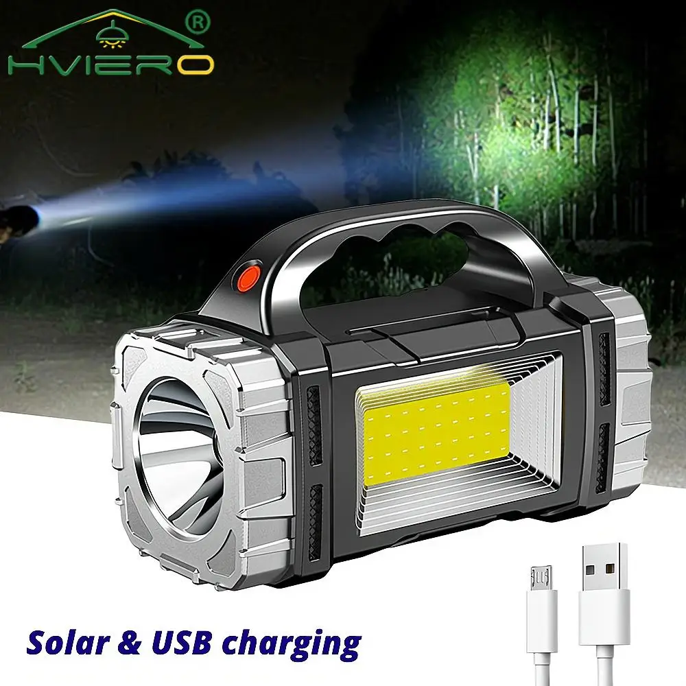 Solar Portable Searchlight Flashlight LED Waterproof USB Charging COB Side Lamps For Outdoors Night Fishing Hiking Camping Light