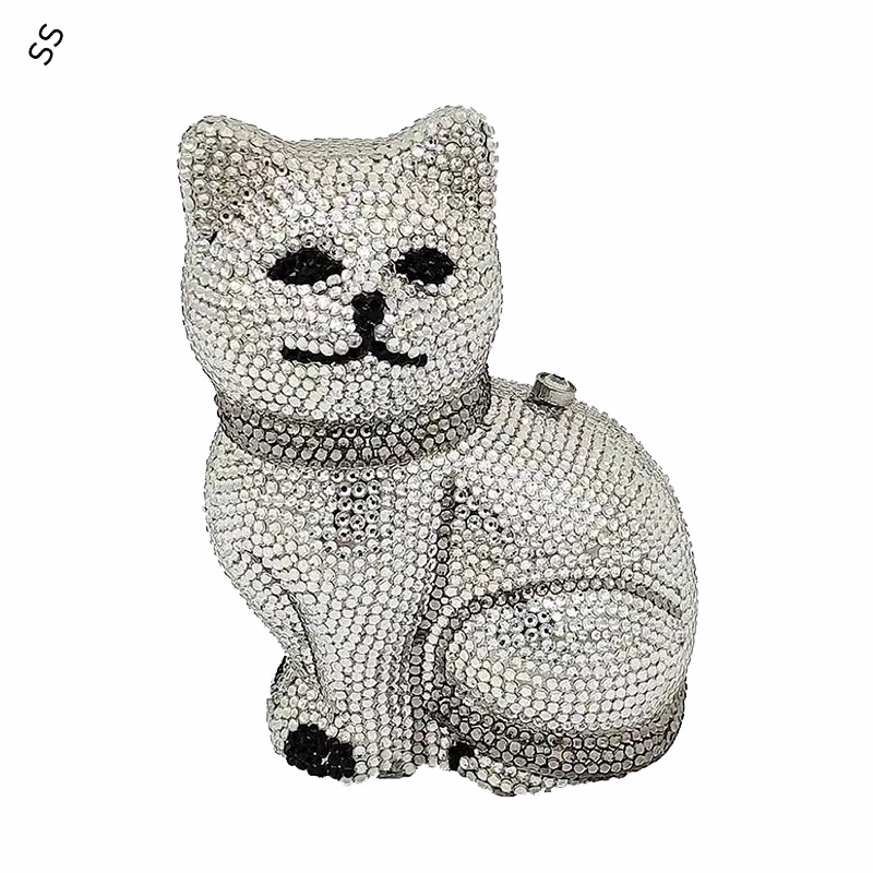 12*15*9CM Animal Cat Design Women's Hard Shell Clutch Bag Hand-inlaid Full Diamond Shoulder-bags for Evening Party